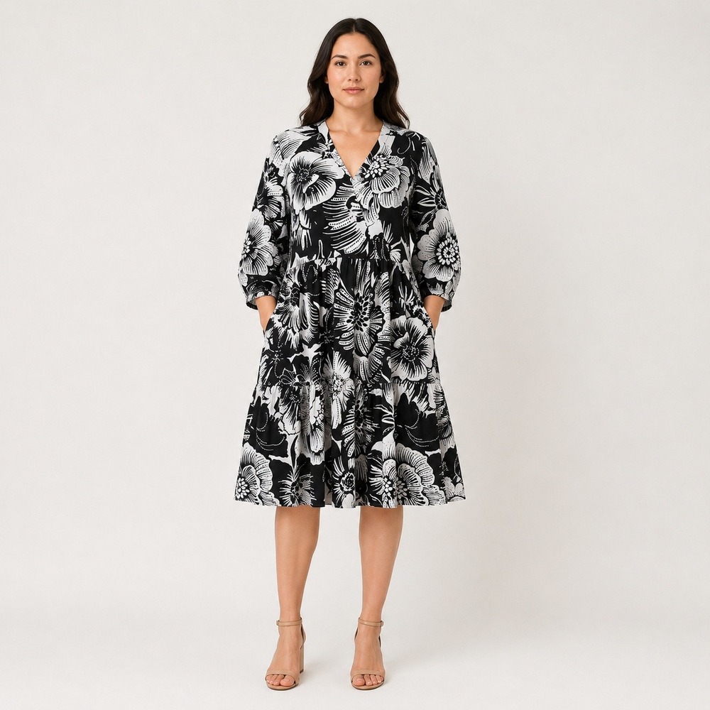Rachel Zoe Women M Floral Midi Dress Pockets V Neck Tiered Boho Resort Black 3/4